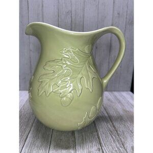 Vtg Hallmark Pitcher Sage Green Oak Leaf Design Ceramic Cottagecore 8.5" Tall